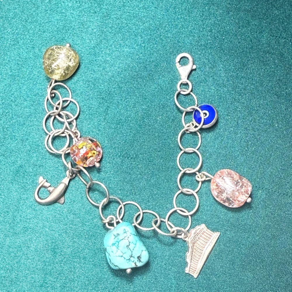 Sterling Silver .925 Charm Bracelet with Gemstone Beads‎ & Charms